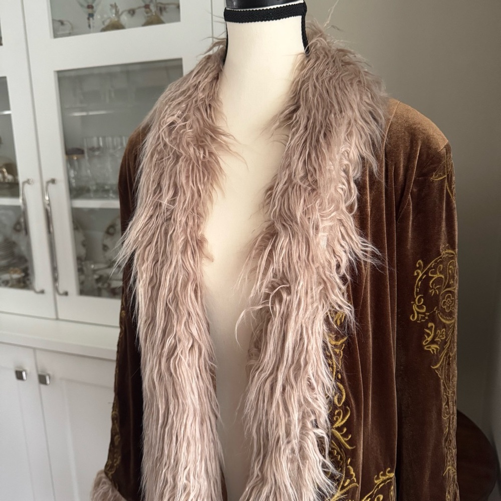 Free People Moon Glow Velvet Coat Jacket Gold Rust Fur Trim Size Large - Picture 5 of 11